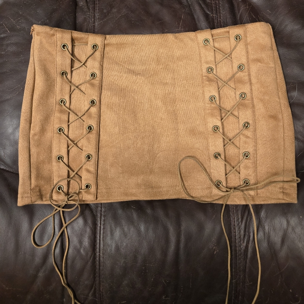 Tan Lace-Up Mini Skirt